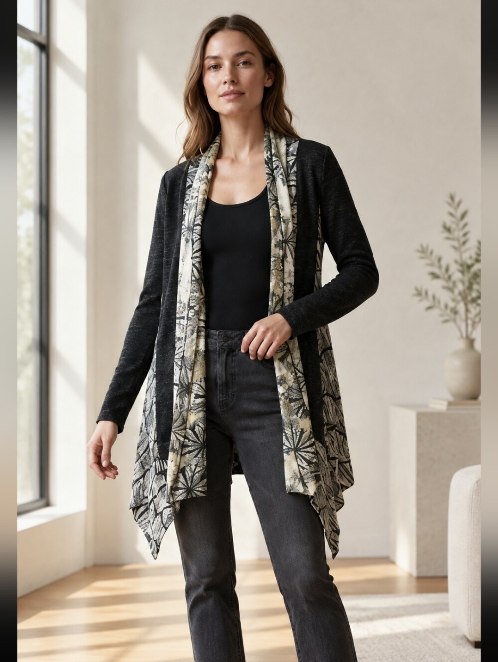 Kamana Cardigan Women's XL Gray & Black Long Sleeve Sweater Kimono Sz XL